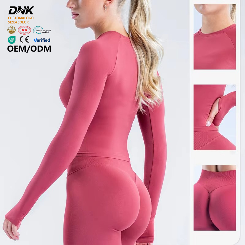 LVD458 Women's Seamless Long Sleeved Yoga Suit, Round Neck Sports Top, Tight Fitting Outdoor Fitness Suit