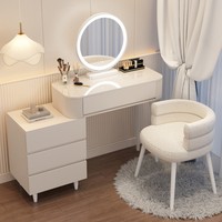 Ensemble de coiffeuse moderne blanche avec miroir LED éclairé, meuble de chambre à coucher avec rangement, coiffeuse intelligente Bluetooth pour maquillage