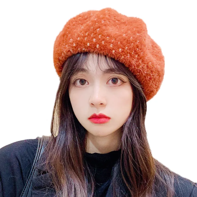 Women Beret Wool Autumn Winter Hat Female Rhinestones Warm Beanies Knitting Hats Flat Top Bonnet Cap Plaid Beret Painter Caps