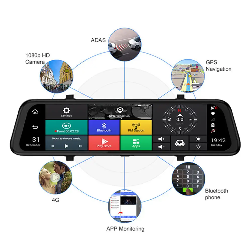 Câmera de ré para carro 4g, dvr, android, navegação gps, espelho retrovisor fhd 1080p adas, 12 ", gravador de vídeo