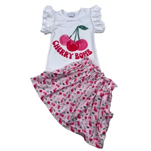 Cherry print 2 Piece Kids skirt Set Little Girls fall winter Santa Claus Outfits Mommy And Me Outfits