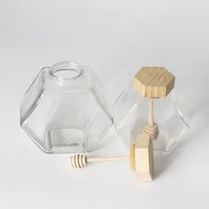 wholesale clear custom logo hexagon honey glass storage jar with wooden lid and dipper