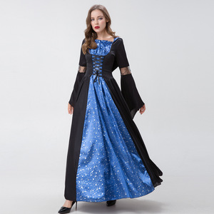Disfraz de Halloween para mujer, disfraz de bruja Grim Reaper, estampado de estrellas azules, manga larga, longitud completa - Product Image 1