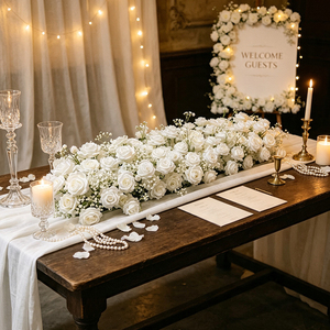 DKB Venta al por Mayor de Fábrica: Camino de Mesa Artificial de Rosas Blancas Realistas de Tela de Seda para Decoración de Pasillos en Bodas, Pascua y Acción de Gracias - Product Image 1