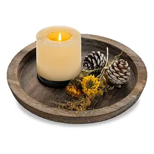 candle holders decorative wood plate Suppliers-Rustic Wooden Tray Candle Holder -Decorative Plate Pillar Candle Tray Wood for Dining Table Kitchen Countertop Coffee Table