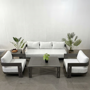 Modern <b>Outdoor</b> Aluminum Lounge Sofa Set with Dark Gray Frame and Light <b>Cushions</b> for <b>Garden</b> Use - Product Image 2