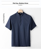 T-shirt Homme Perlé en Coton et Lin à Manches Courtes, Léger, Couleur Unie, Style Chinois Rétro Décontracté, Col Montant, Idéal Été