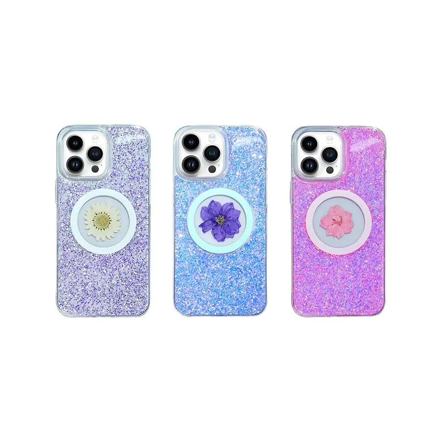 Funda de teléfono epoxi adhesiva magnética en polvo con purpurina de flores secas para iPhone 13 pro 14 pro funda móvil