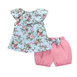 Conjunto de ropa de 2 piezas para bebé niña, pantalones cortos con flores personalizados de verano al por mayor, compra directa en China