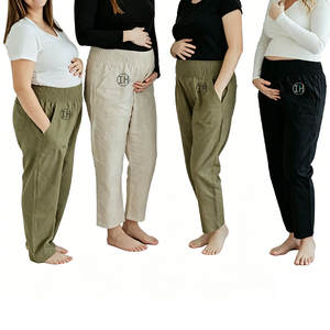 Pantalones de Maternidad de Lino Personalizables, Suaves, Transicionales, con Cintura Elástica Fruncida y Bolsillos para Todas las <span class=keywords><strong>Etapas</strong></span> del <span class=keywords><strong>Embarazo</strong></span> - Product Image 1