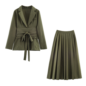Conjunto de 2 Piezas para Mujer: <span class=keywords><strong>Blazer</strong></span> con Cuello de Solapa, Manga Larga y Lazos, Falda Larga Plisada con Cierre de Cremallera, Estilo Casual y Moderno - Product Image 1