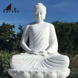 Statue de Bouddha assis en marbre blanc naturel sculpté à la main, sculpture bouddhiste en pierre pour la décoration de jardin zen - Product Image 4