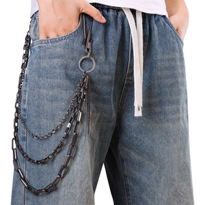 โซ่คาดเอวผู้ชาย สไตล์ฮิปฮอป โซ่โลหะหนาสำหรับตกแต่งกางเกงยีนส์ สีดำ ทำจากโลหะผสมสังกะสี เหมาะสำหรับใส่ทุกวัน - Product Image 1