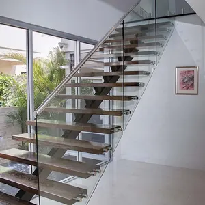 Staircase New Design Glass Railing Floating Staircase Indoor Outdoor Straight Wood Stairs