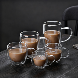 Taza <span class=keywords><strong>de</strong></span> té <span class=keywords><strong>de</strong></span> café <span class=keywords><strong>de</strong></span> agua <span class=keywords><strong>de</strong></span> vidrio transparente <span class=keywords><strong>de</strong></span> <span class=keywords><strong>doble</strong></span> pared <span class=keywords><strong>de</strong></span> borosilicato alto ambiental personalizado con asa para uso en desayuno y oficina - Product Image 1