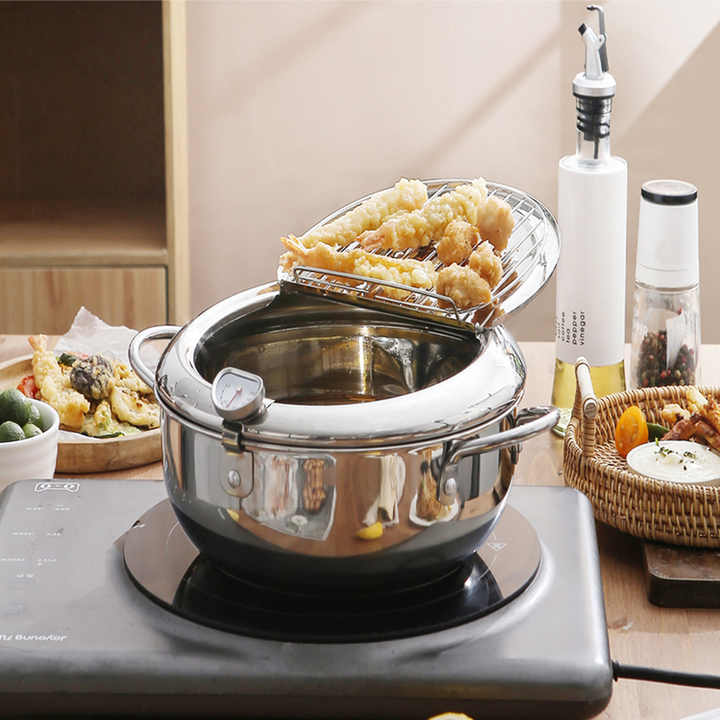 Hot Selling Kitchen Tempura Fryer Pan Carbon Steel Thermometer Control Deep Frying Pot