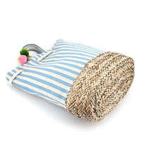 Sac à main en toile rayée avec pompon pour femmes, personnalisé, grande capacité, en paille, avec cordon de serrage,