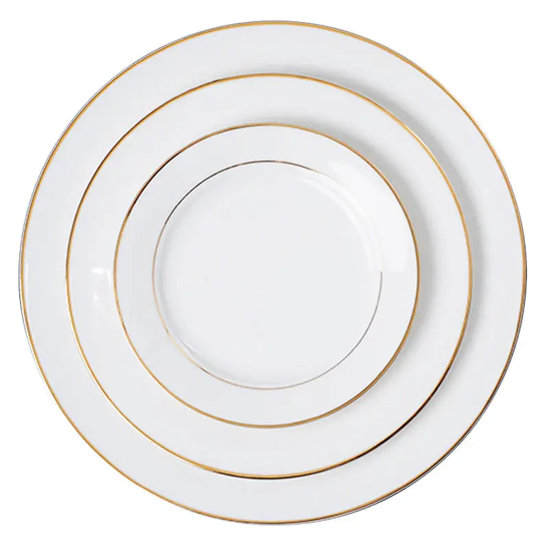 MSH 6-10.5 Inches White Porcelain Flat Plate Dishes Gold Rim Ceramic Dinnerware Set