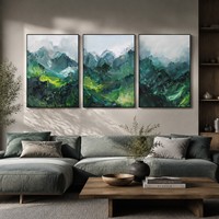 Peinture à l'huile paysagère Impasto Green Hills faite à la main, art abstrait texturé minimaliste de montagne pour décoration murale de salon