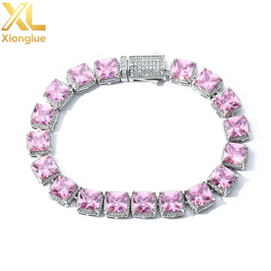 Niche Shiny Stylish Hiphop Fashion Trendy Sparkling Brass Square Pink Zircon Cube 10mm Tennis Link <b>Chain</b> Bracelet - Product Image 2