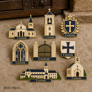 Pin de solapa metálico religioso histórico con emblema de monasterio y abadía, cruz y torre, esmaltado, personalizado, venta al por mayor, insignia de recuerdo de arte religioso - Product Image 1