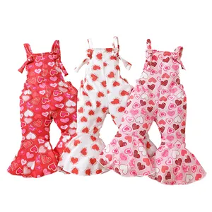 2024 Baby Girls Valentines Day Romper Ribbed Knit Red Pink Heart Print Kid Girl Bell Bottom Flare Pant Jumpsuit Romper Overalls