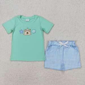 เสื้อยืดลายปราสาทปักสีเขียวมิ้นต์สำหรับเด็กผู้หญิงวัยเตาะแตะพร้อมกางเกงขาสั้นลายตารางชุดลำลองชุดฤดูร้อน - Product Image 2