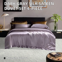 Parure de lit en satin de soie de mûrier 100% tissé imprimé gris foncé, 300 fils, toutes saisons, 4 pièces, unie, personnalisable