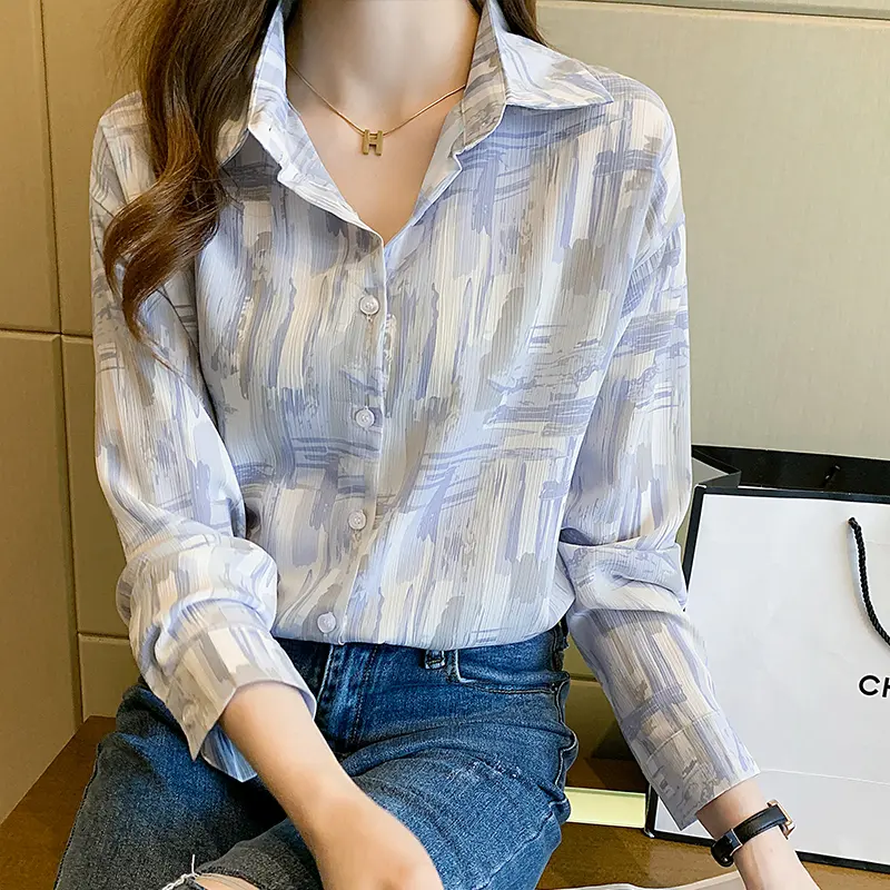 2023 Frühling Neu Vielseitig Frisch Weiß Retro Hong Kong Geschmack Grau Blau Druck Halo Gefärbt Hemd Bluse Top