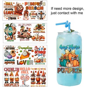 Autocollant UV DTF à thème d'automne chaleureux et confortable, motif citrouille, vente en gros, transfert UV DTF personnalisé par un designer, pour gobelet en verre de 16 oz - Product Image 1