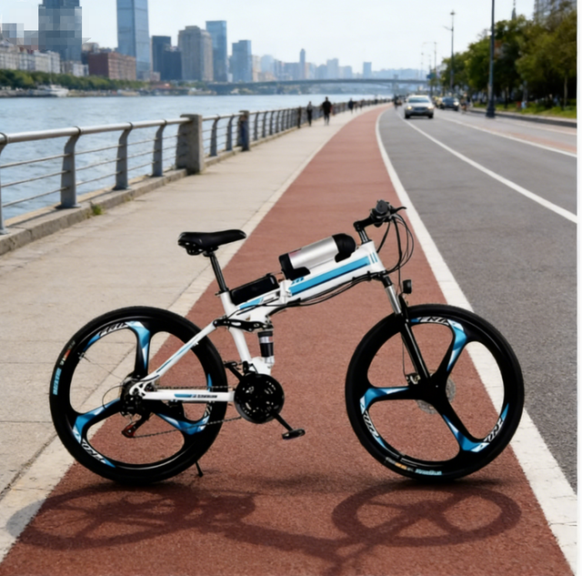 A Lithium Battery-Powered Electric Bicycle Made in China, With a 26-Inch Wheel and 21-Speed Transmission.