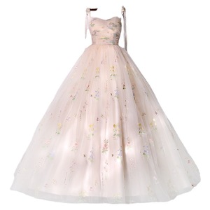 Champagne Strapless Ball Gown Embroidered Organza Floral Print Empire Waistline Evening Dress For Banquet Hostess Party - Product Image 5
