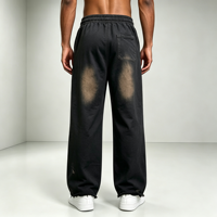 Pantalon Noir Délavé Style Urbain avec Taille Élastique, Bordures Brutes, Cordon de Serrage et Broderie Simple, Coupe Ample