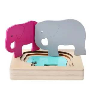 Custom Children Wooden 5 Layer Whale Elephant 3D Cartoon Jigsaw Puzzle Montessori Educational Shapes Toys For Kids