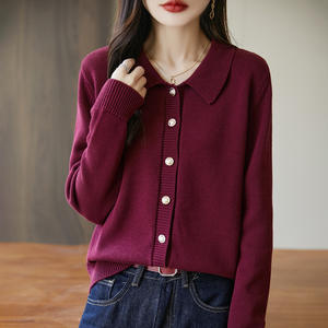 Cárdigan de punto con cuello para mujer Jinglingyun, manga larga, ajuste holgado, color liso, algodón puro, ropa de abrigo para primavera y otoño, anti-bolitas - Product Image 4