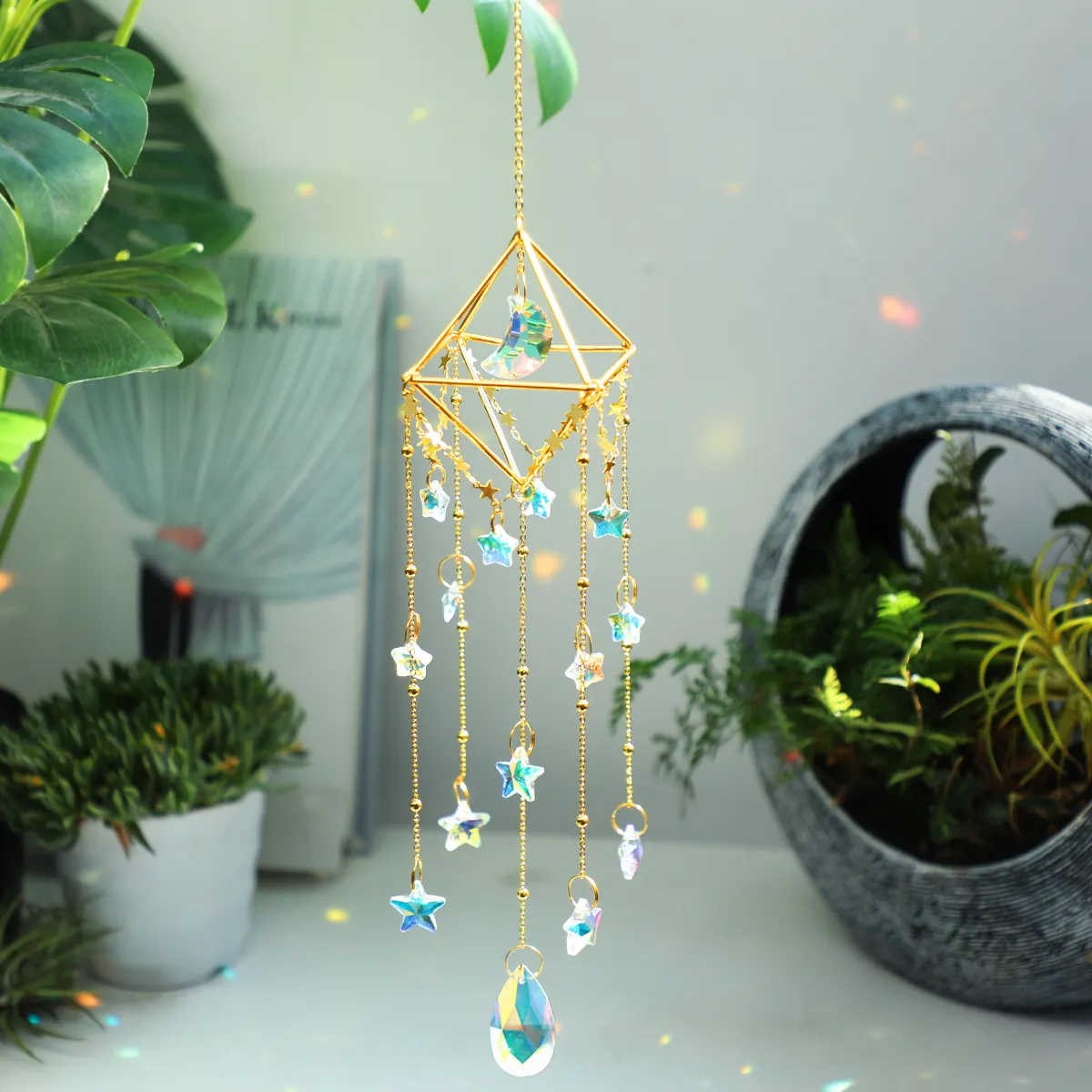 Kristallen Opknoping Ornament Kleurrijke Facet Feng Shui Wind Chime Star Moon Regenboog Window Crystal Licht Zon Catcher