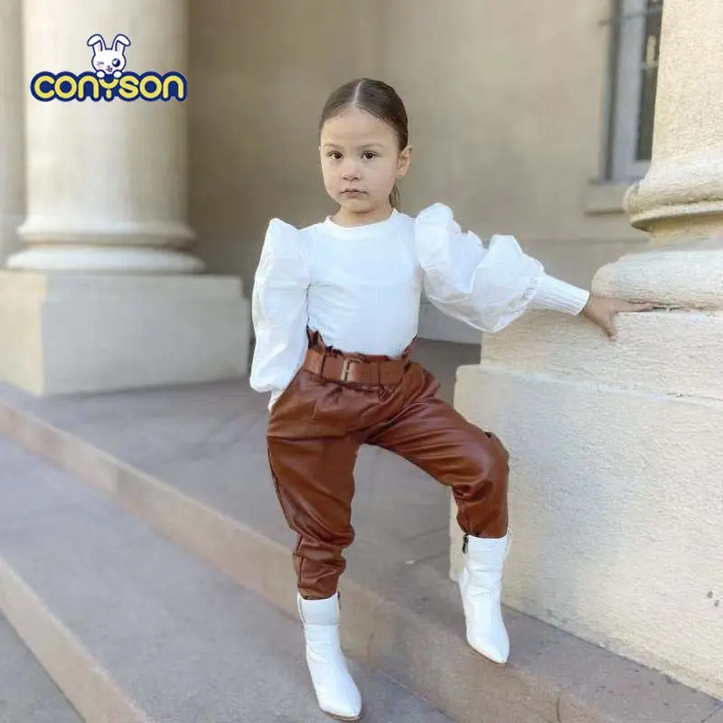 Conyson Casual çocuk kız giyim örme kazak deri pantolon kıyafetler uzun puf kollu üst Pu pantolon kemer ile 2 adet kızlar setleri