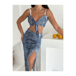 Women's Patterned <b>Lycra</b> Fabric Strappy Front Tie Crop <b>Top</b> And Slit Midi Skirt Set - Product Image 2