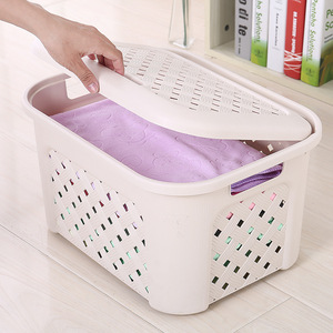 Wicker Laundry Basket Rectangle White Off White Lidded Plastic Clothes Storage For Laundry Room Standing Type - Product Image 4