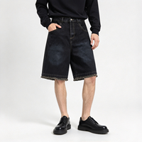 Shorts en jean camouflage pour homme, bleu foncé, taille élastique, passants de ceinture, poches obliques, poche arrière, coupe ample, longueur mi-cuisse