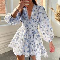 Nouvelle Robe Courte Printemps 2026 pour Femmes Européennes et Américaines, Motif Floral Doux, Col en V, Dentelle, Coupe Trapèze, Taille Haute