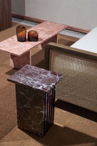 Ensemble de table basse moderne de luxe en marbre Mobilier de salon Table Table basse Banc fabriqué à la main en <span class=keywords><strong>travertin</strong></span> <span class=keywords><strong>rouge</strong></span> aiguisé - Product Image 5