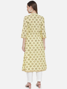 Ensemble Kurti en coton imprimé à la main, style moderne, écologique, respirant, motif floral jaune, manches trois quarts, robe ample décontractée - Product Image 6