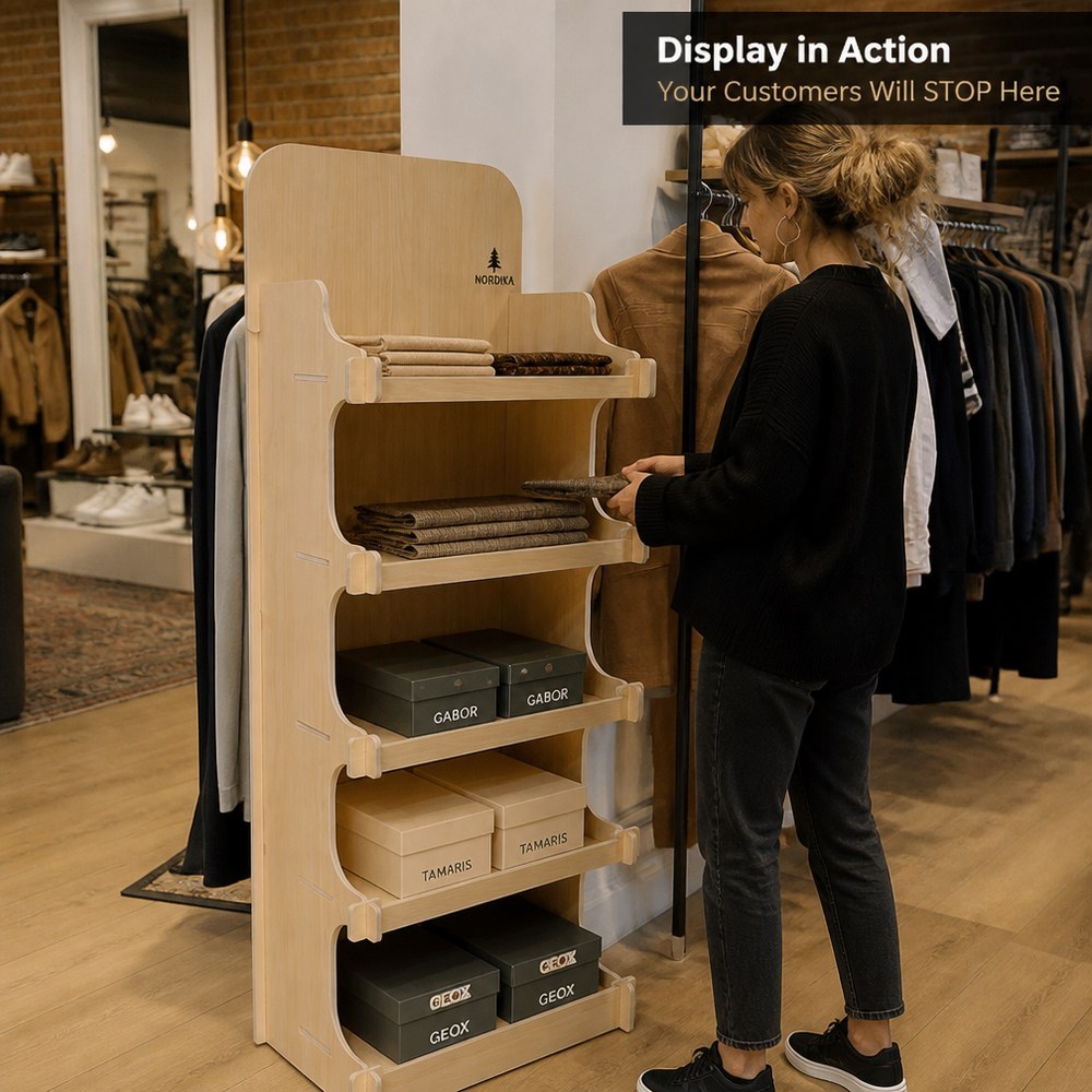 Custom 5-Tier Plywood Display Rack for Clothing Shoe Floor Standing Wooden Shelf Easy Assembly Wood Display Stand FSC Certified — view 2