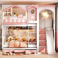 Cama Elevada de Dos Pisos JINS Princess para Niñas, con Barandilla Alta y Tobogán, Cama Infantil de Madera con Elegante Función de Subida y Bajada para Dormitorio