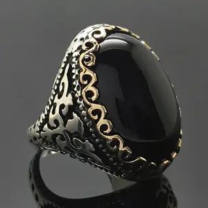 Plated 925 Zilveren Edelsteen Mannen Ring Luxe Grote Turkse Ring Met Zwarte Zirkoon Retro Turkse Sieraden