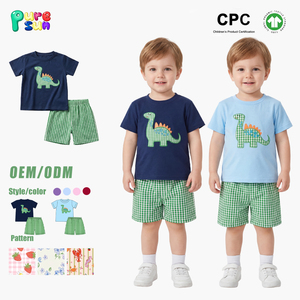 Puresun Ensemble de vêtements pour garçons personnalisé à manches courtes avec appliqué de dessin animé, tenue de boutique pour enfants, ensemble court à imprimé écossais en coton - Product Image 1