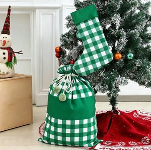 Bolsas de Papá Noel Personalizadas de Lona a Cuadros de Alta Calidad <span class=keywords><strong>con</strong></span> Cordón y Pompón para Decoración de Fiestas - Product Image 3