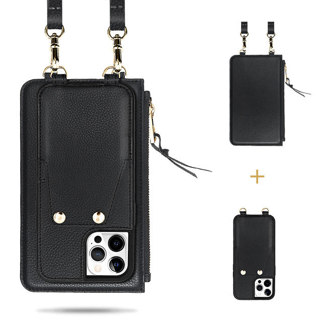 Factory Price Leather Detachable Magnetic Phone case Wallet and Bags with Strap Pouch for iphone 13