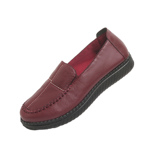 Women's Burgundy Leather Loafers Hand-Stitched Design Soft <b>Work</b> Closed Toe Flexible Rubber Sole <b>Comfortable</b> Casual Sock Straw - Product Image 1